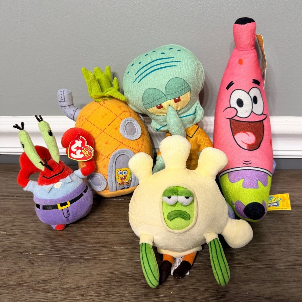 SpongeBob SquarePants Plush Lot Ty Mr Krabs Squidward Patrick Pineapple House